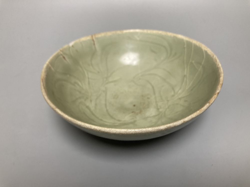 A Chinese Longquan celadon bowl, Song dynasty, 16cm, a conical celadon dish and a seal paste box base
